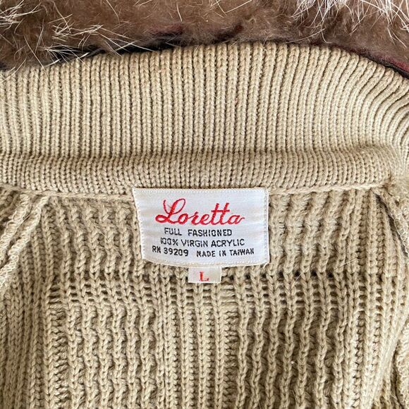 Vintage Loretta Double Button Long Knitted Tan Coat Size L w/ Animal Fur Collar - Picture 10 of 10